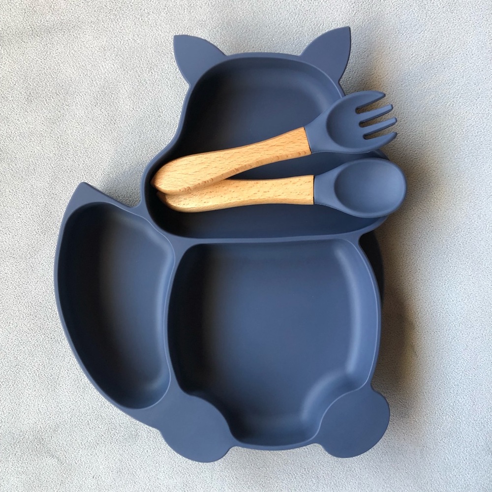 Fox Feeding Set ~ Silicone w/ Suction Dish, Fork, Spoon ~ Dark Blue ~ Brand New!